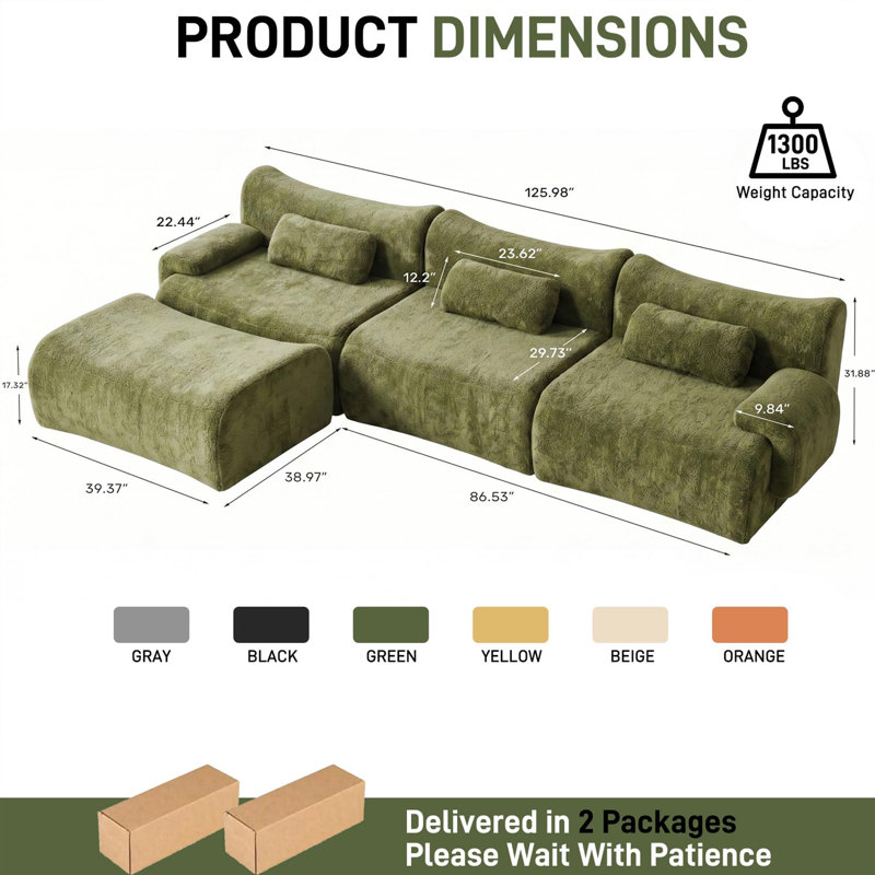 Canapé d'angle modulaire en forme de L Ross Cloud de 320 cm de large avec méridienne, canapé profond en tissu chenille, canapé surdimensionné pour salon