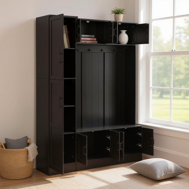 79.13-Inch Modern Four-In-One Entryway Shoe Cabinet With Storage Compartments, Hooks, Adjustable Shelves, And Universal Design For Entryways. Black.