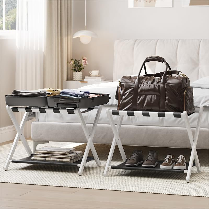 Paquet de 2 porte-bagages, porte-bagages pliant pour chambre d'amis, bambou noyer, H 20,5 po x l 18,1 po x P 26,6 po, Blanc