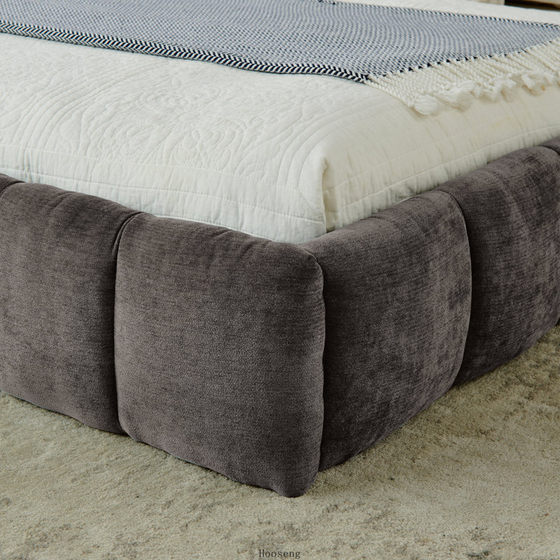 Lit plateforme California King en chenille avec tête de lit et cadre solide, gris foncé, Très grand californien, Gris foncé