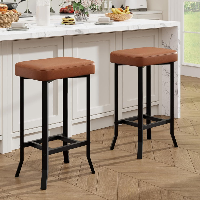 Tabourets de bar modernes à hauteur de comptoir, siège rembourré en similicuir - Pieds irréguliers en métal - Compact pour les petits espaces - Assemblage facile - Brun, paquet de 2 pièces