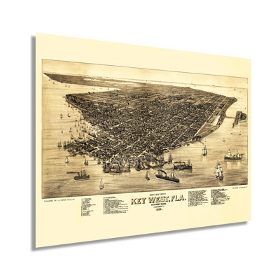 1884, carte de Key West, Floride, sur papier