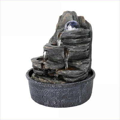 Fountains Indoor Tabletop Zen Fountain, Stone Look, LED Lit Crystal Ball, for Home Office Meditation | Resin | Waterfall Fountain