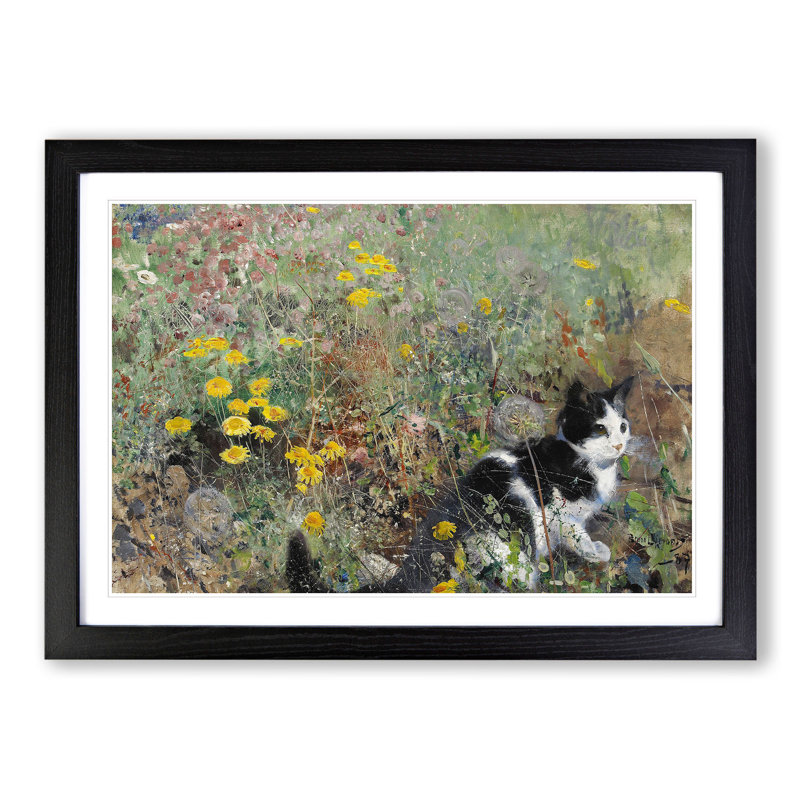 Cat on a Flowerbed by Bruno Liljefors - Picture Frame Painting, 36cm H x 48cm W x 2cm D, Black Framed