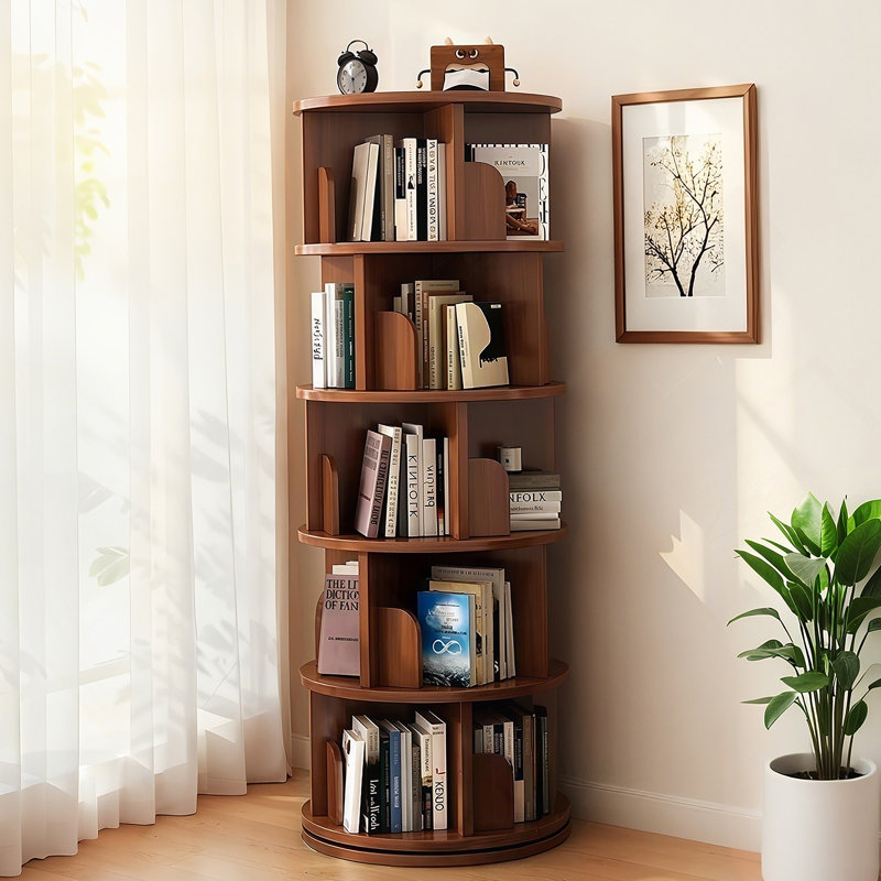 Bibliothèque rotative à 5 niveaux, bibliothèque rotative à 360 °, peu encombrante, petite bibliothèque rotative pour chambre à coucher, salon, maison, bureau, noyer