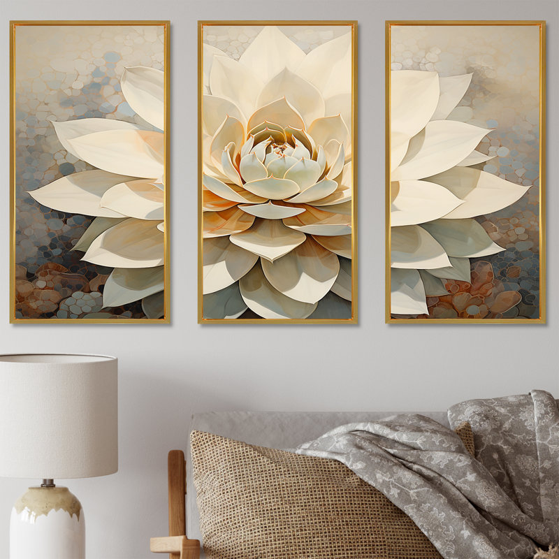 Beige Succulent Soft Bloom - Ensemble de décorations murales succulentes, Cadre flottant doré, H 28 po x l 36 po x P 1 po