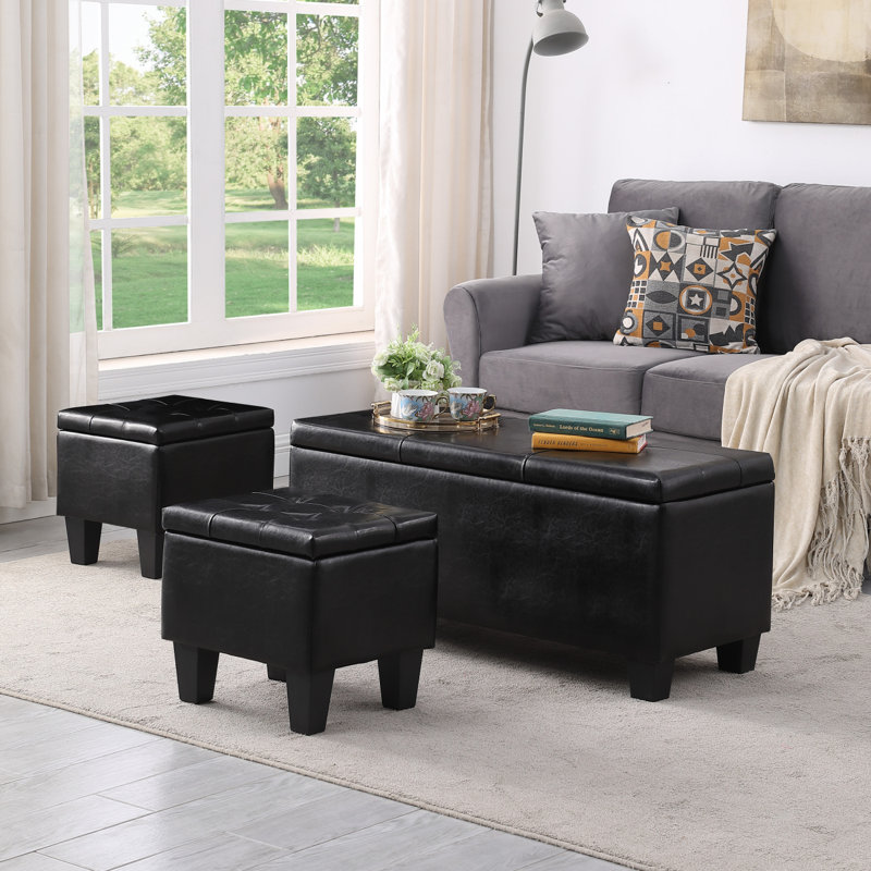 Banc de rangement rembourré Bryne, Similicuir noir, Faux cuir noir - joint incorrect