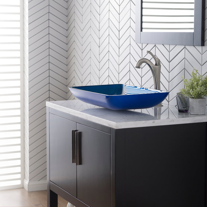 Glass Rectangular Vessel Bathroom Sink with Faucet, Brushed Nickel, Blue
