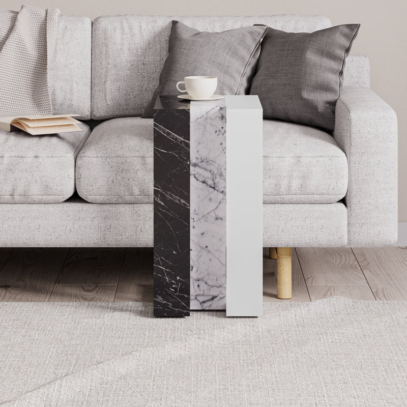 Madelyn Modern Compact C Shape Side Table, Black Marble/White Marble/White