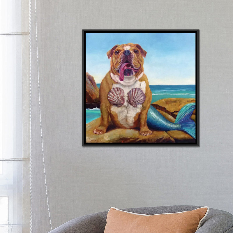 " Mermaid Dog " by Lucia Heffernan, 18" H x 18" W x 1.5" D, Black Framed Canvas, No Mat