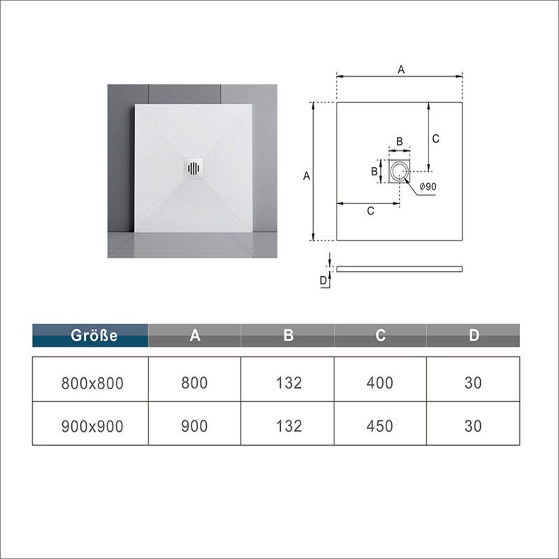 Frederike W 30mm D Square Shower Tray, 90cm H x 90cm W x 3cm D