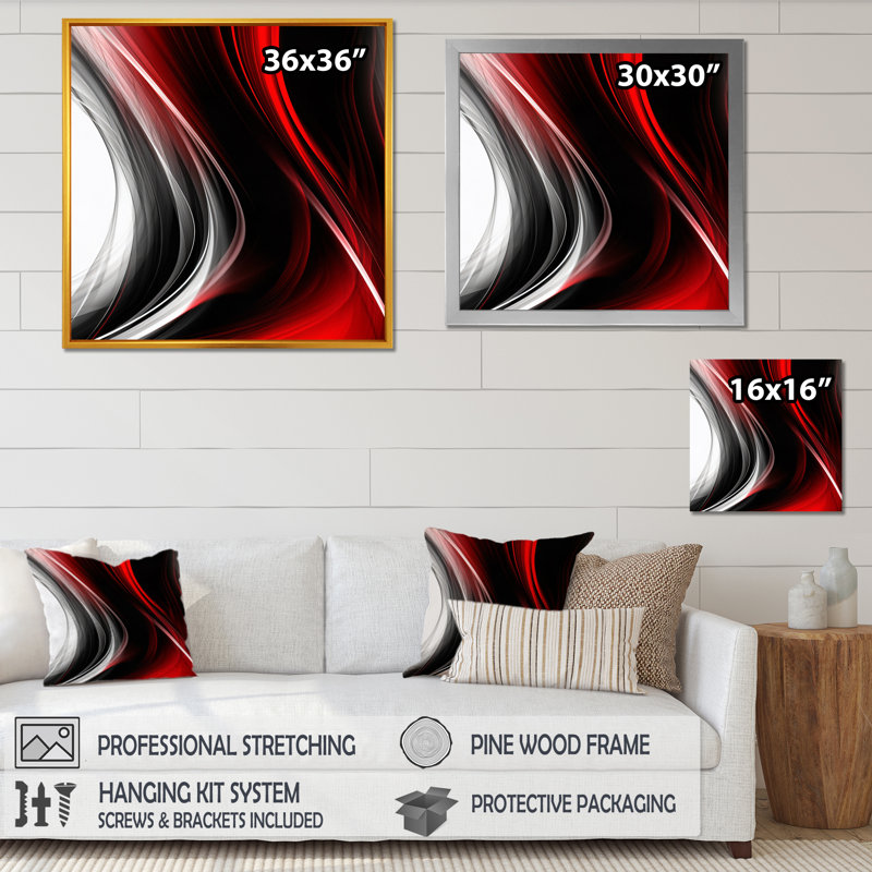 Rouge, rouge, infini ondulations II - art abstrait de vagues modernes, Toile encadrée dorée avec coins fermés
