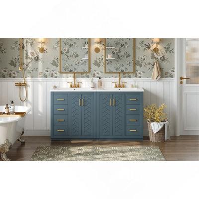 Ensemble de meuble-lavabo 60 po avec lavabo en céramique (séparé), armoire de rangement en bois massif, ensemble de meuble-lavabo autoportant avec tiroirs et portes à fermeture douce