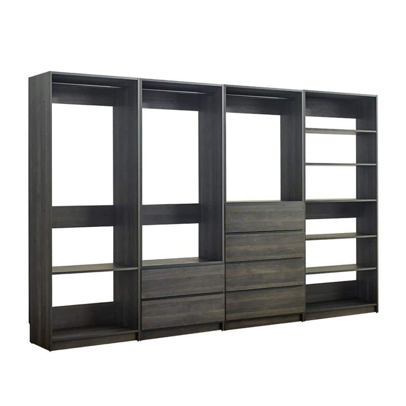 Système d'organisation modulaire Dee, 10 tablettes, 3 tringles, finition en bois gris