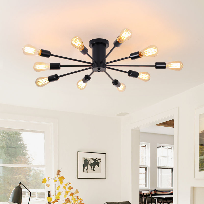 Lustre Spoutnik 10 lumières à intensité variable de style moderne, convient aux salons et aux chambres à coucher, Noir mat