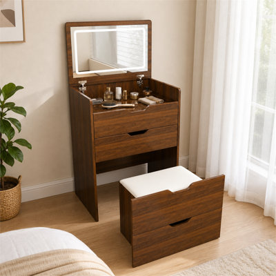 Table de meuble-lavabo 3-en-1 à finition noyer 23,65 pouces: miroir éclairé et tabouret de rangement - coiffeuse compacte pour les chambres à coucher et les vestiaires