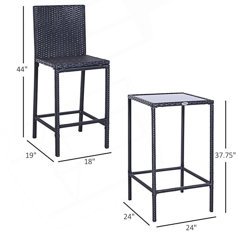 Ensemble de bar en rotin, table en verre et 2 tabourets de bar