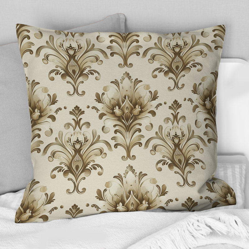 Coussin décoratif moderne beige à motif damassé classique II, H 16 po x l 16 po