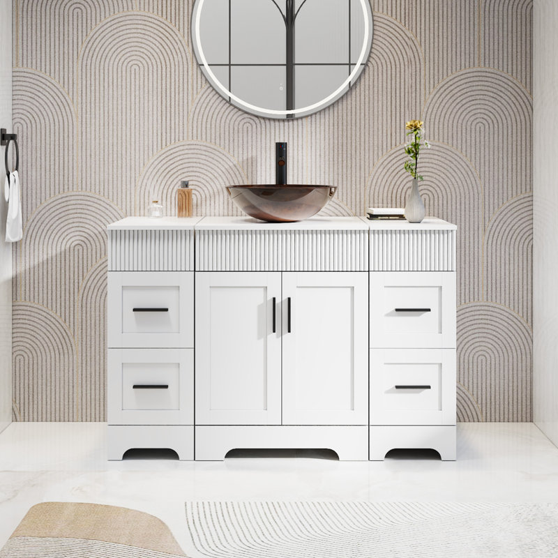Meuble-lavabo simple 48 po avec lavabo vasque Akron, plateau en bois manufacturé, peinture résistante à l'eau, Blanc, Blanc
