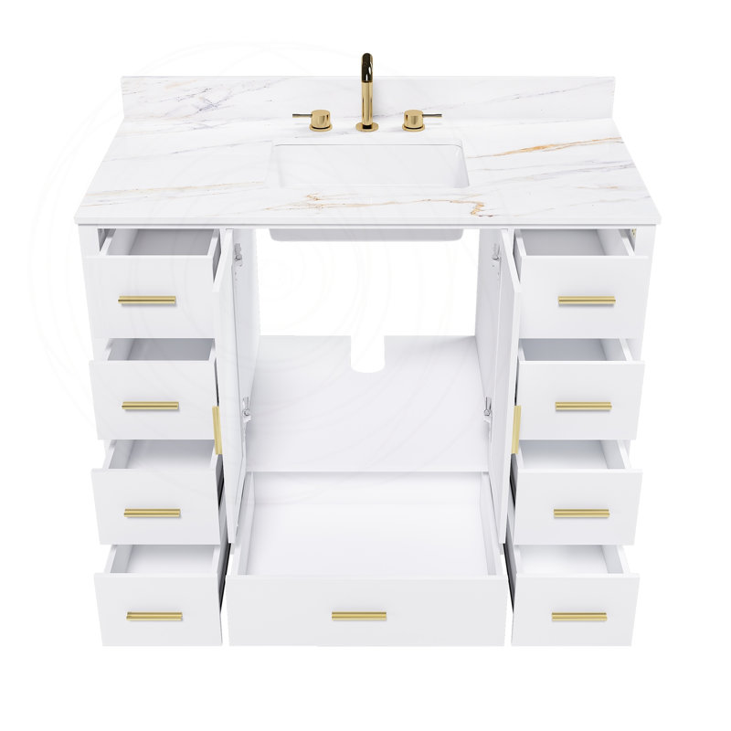 Meuble-lavabo moderne en bois massif de 42 po avec comptoir en pierre frittée et 9 tiroirs, White, Widespread