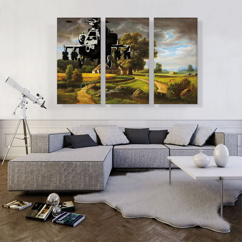 «Apache Helicopters over Farm Field» par Banksy - ensemble de 3 reproductions d'art sur toiles tendues