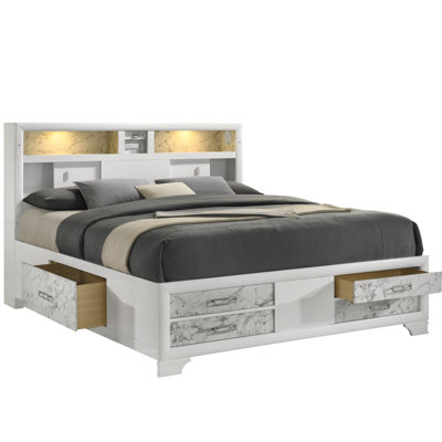 Luxury Full - Size Bed With White Wood Finish, Marble Headboard, Storage Drawers And Audio Experience Bed, Modern Style, Frame, Built In Lighting System