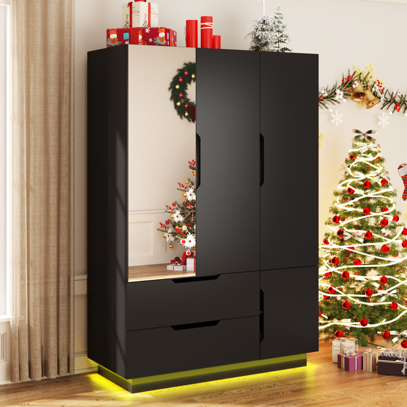 Armoire 3 portes avec miroir, armoire à lumière en bois à DEL, armoire avec tringle pour chambre à coucher, Noir