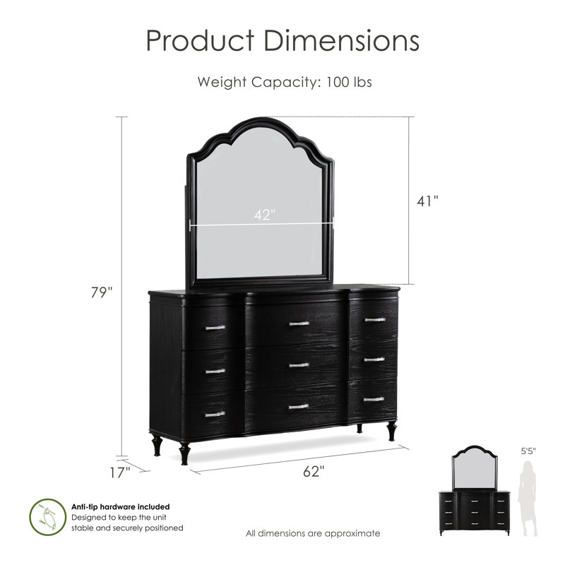 Seabliss 9 - Drawer Dresser with Mirror, Black