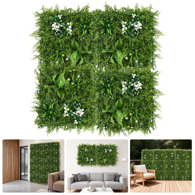 20x20 Inch Artificial Boxwood Wall Panels with White Flowers, UV Protected, 4-Pack