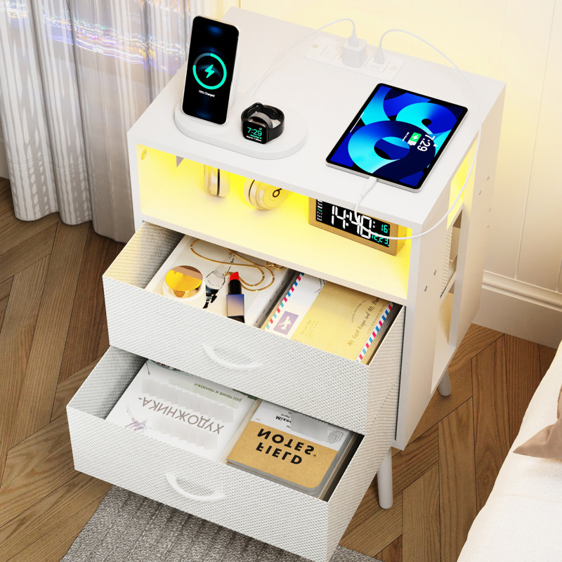Ensemble de 2 tables de chevet blanches modernes avec station de charge et éclairage à DEL, tiroirs non tissés, panneau de particules revêtu pour utilisation avec tables télécommandées en couleur, installation facile de longue durée