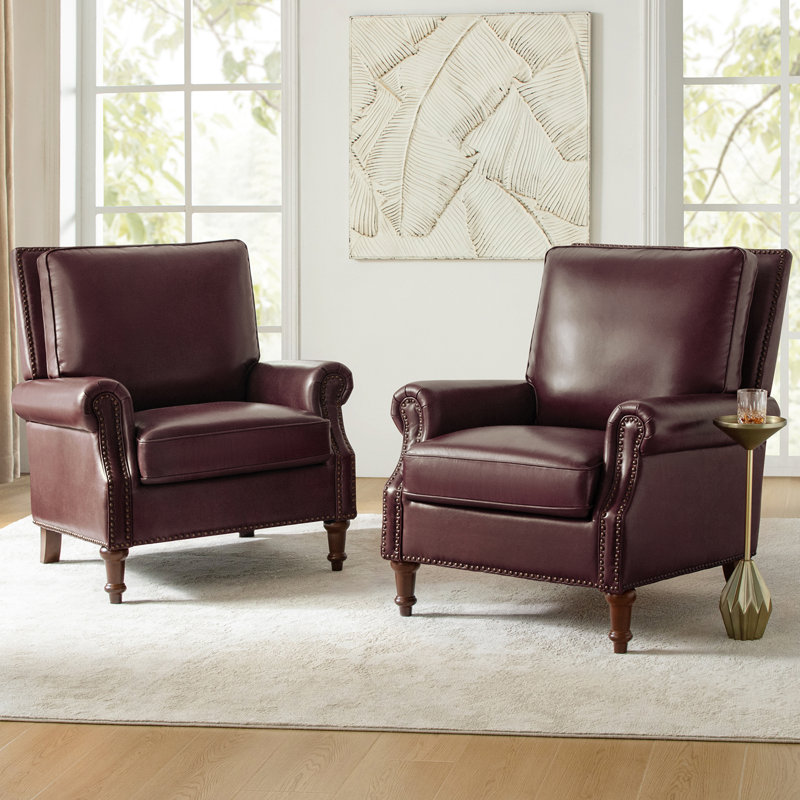 Wajeeh 33"W Mid-Century Modern Oil Wax Genuine Leather Accent Chair With Solid Wood Legs , Burgundy Genuine Leather