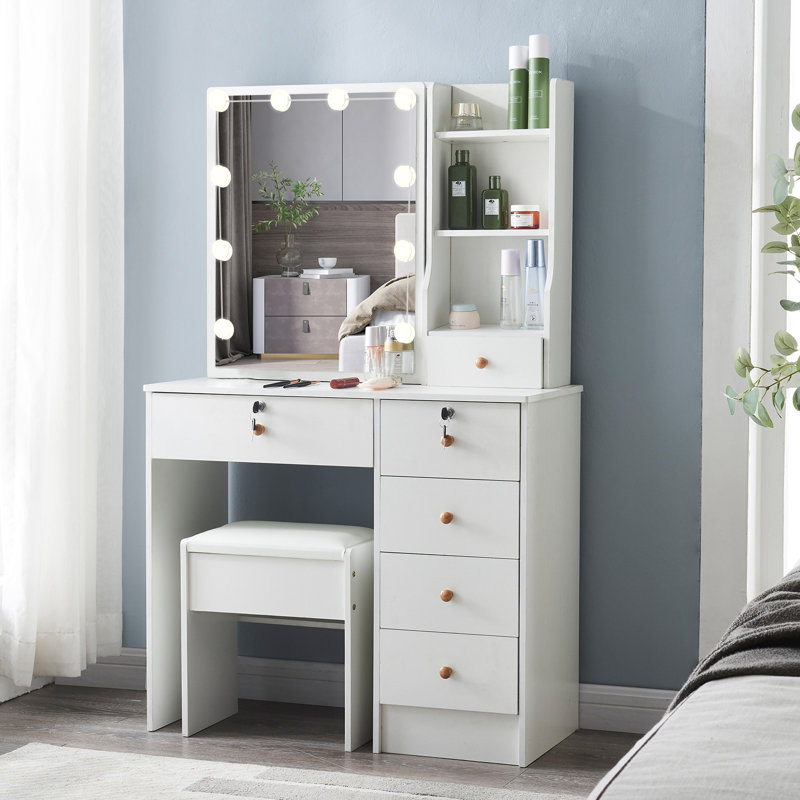 Amarula Small Vanity with LED Light Mirror,Ample Storage Space with 6 Drawers & Detachable Light Bulbs,Dressing Table with Stool for Bedroom