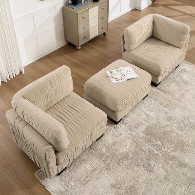 2 Seat Ruched Detailing Chenille Modular Sectional Sofa,Movable Ottoman,High-Density Foam,L Shape Thickened  Back Cushions,Easy Assembly,For Living Ro