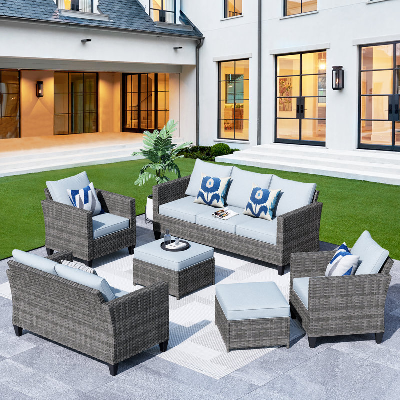 Premium All-Weather Wicker 7 - Person Patio Conversation Set with Cushions, Gray