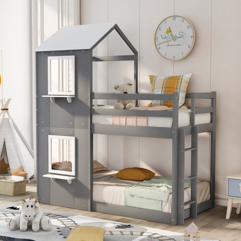 Lit simple au-dessus d'un lit superposé blanc - avec fenêtre pour une vue agréable, Gris