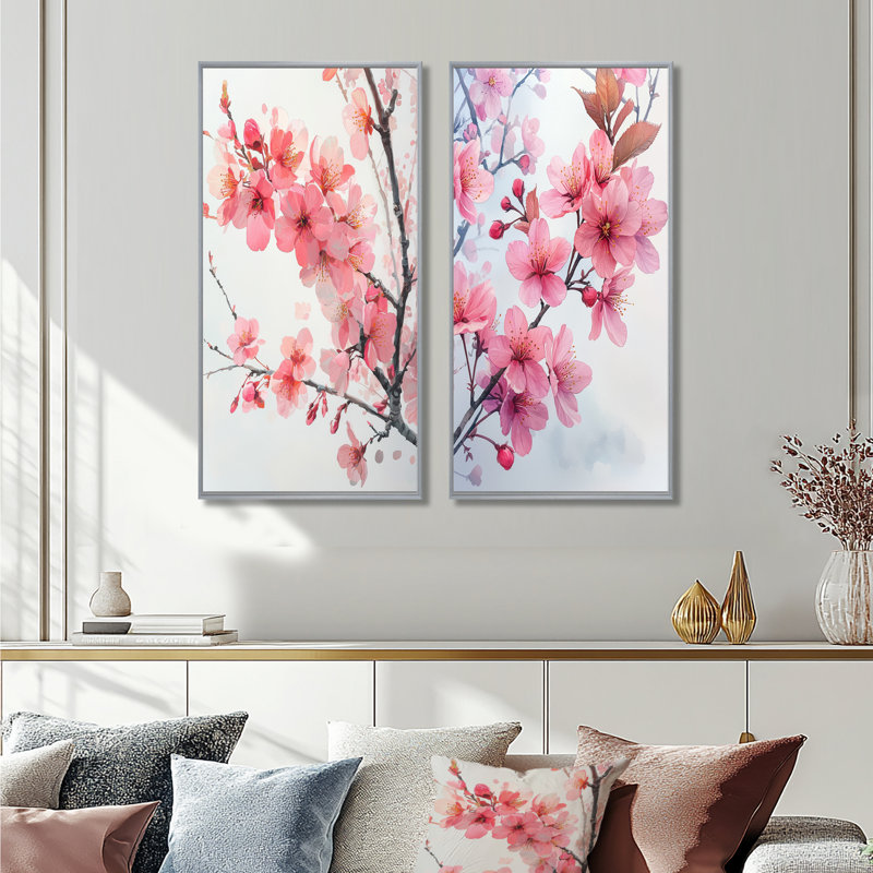 «Pink Cherry Blossoms Summer Embrace I», art mural floral 2 panneaux, H 32 po x l 33 po, Encadrement argenté