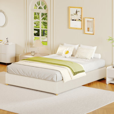 Minimalist Cloud Bed Frame Queen Size - Soft Boucle Upholstery, Low Platform, Solidified Wood Legs, No Headboard, No Box Spring Needed, Quiet & Easy Assembly, Cream Stuffed Fleece, QUEEN Size