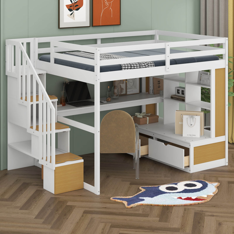 Lit mezzanine double avec bureau et tablettes, deux tiroirs intégrés, Blanc / Naturel