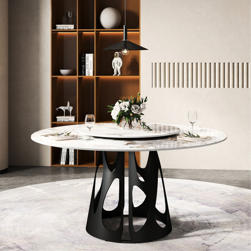 Table de salle à manger ronde 57,62 "avec plateau en marbre artificiel et base en fer noir, 6 à 8 personnes, disque rotatif blanc 31,5", pour les taches de thé