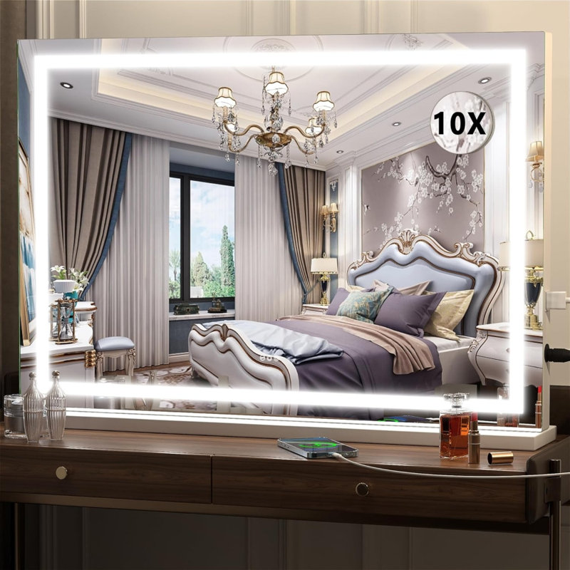 32" X 22" Square LED Lighted Makeup Vanity Mirror With 3 Dimmable Color Modes, Touch Screen Control, Wall Mounted Or Tabletop, White Finish
