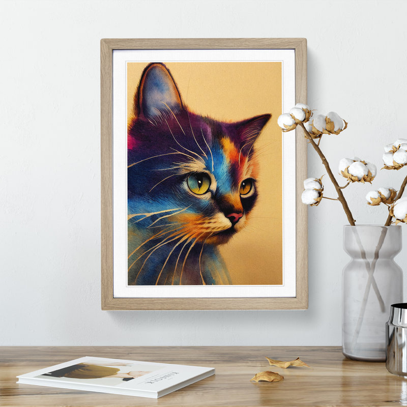 Watercolour Cat No.1 - Single Picture Frame Print, 34cm H x 25cm W x 2cm D, Oak Framed
