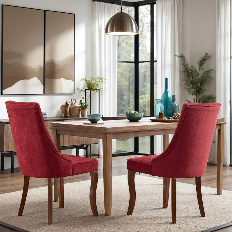 Ensemble de 2 chaises de cuisine élastiques à coussin élastique et pieds en bois massif courbés avec revêtement en tissu et dossier haut pour salle à manger, noir