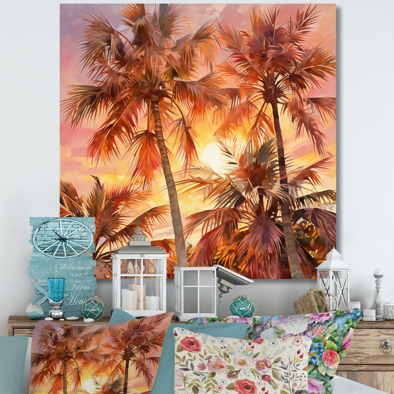 «Rose Radiance Sunset Palm Trees I», reproduction sur toile, Toile tendue, H 24 po x l 24 po x P 1 po