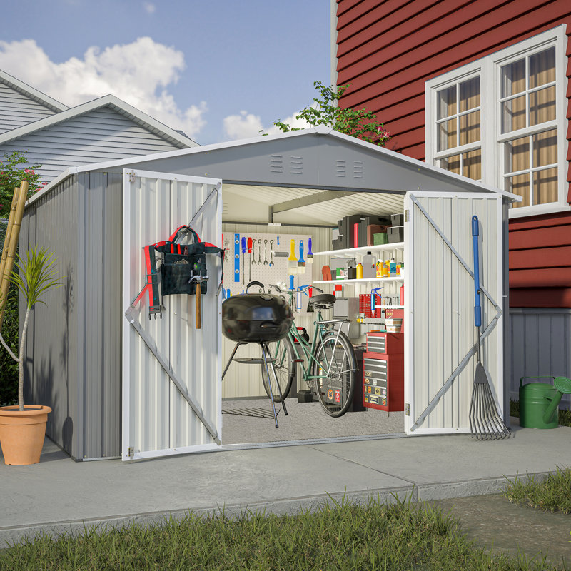 Remise de rangement extérieure 10 pi x 8 pi, métal gris - portes verrouillables pour jardin, patio, cour arrière, abri de jardin avec portes, idéal pour toutes les saisons