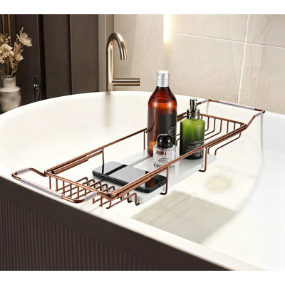 Bathtub Tray Stainless Steel with Marble Base, Adjustable Rustproof Bath Caddy for Spa Relaxation Bath Bombs