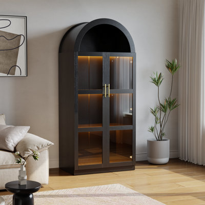 Modern 69" Arched Glass Display Cabinet With 4-Tier Shelves And 7-Color LED Lights For Kitchen Or Living Room