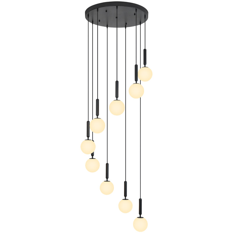 Lustre moderne 9 lumières avec verre blanc laiteux pour hall d'entrée, Noir mat