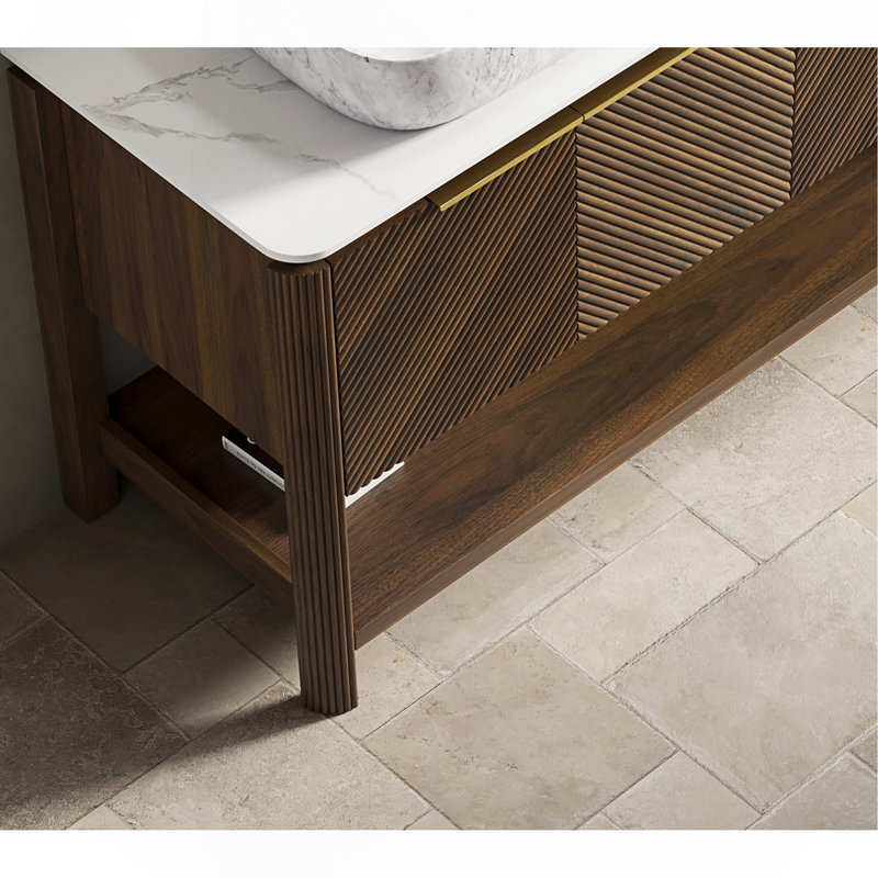 Armoire autoportante 60 po avec 4 portes et tablette ouverte, plateau en pierre frittée blanche, sans lavabo, sans robinet et bonde, noyer foncé