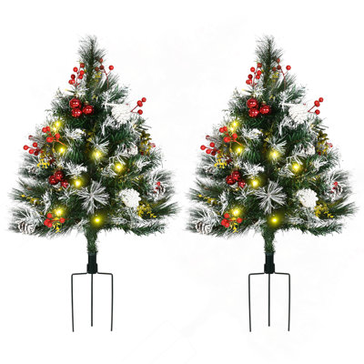 2.5 Ft/30" 2 Pack Outdoor Entryway Pre-Lit Artificial Christmas Tree Cordless With 70 Branches, Warm White LED Lights, Red Berries, Pine Cones, Balls, Green