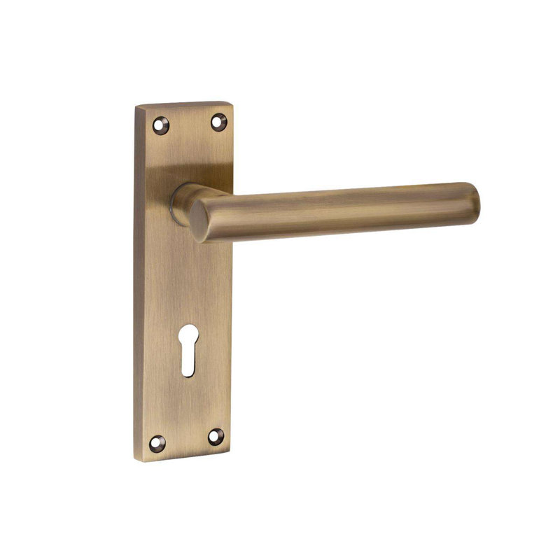 Golden Grace 1 Pair Victorian Straight T-Bar Lock Door Handle Antique Brass - Secure and Elegant 3 Lever Lock Set with Hinges - 150mm x 40mm